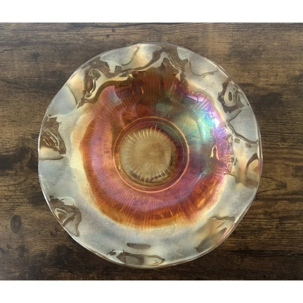 Vintage Carnival Glass‎ Bowl Large Iris & Herringbone Jeannette Marigold Ruffled